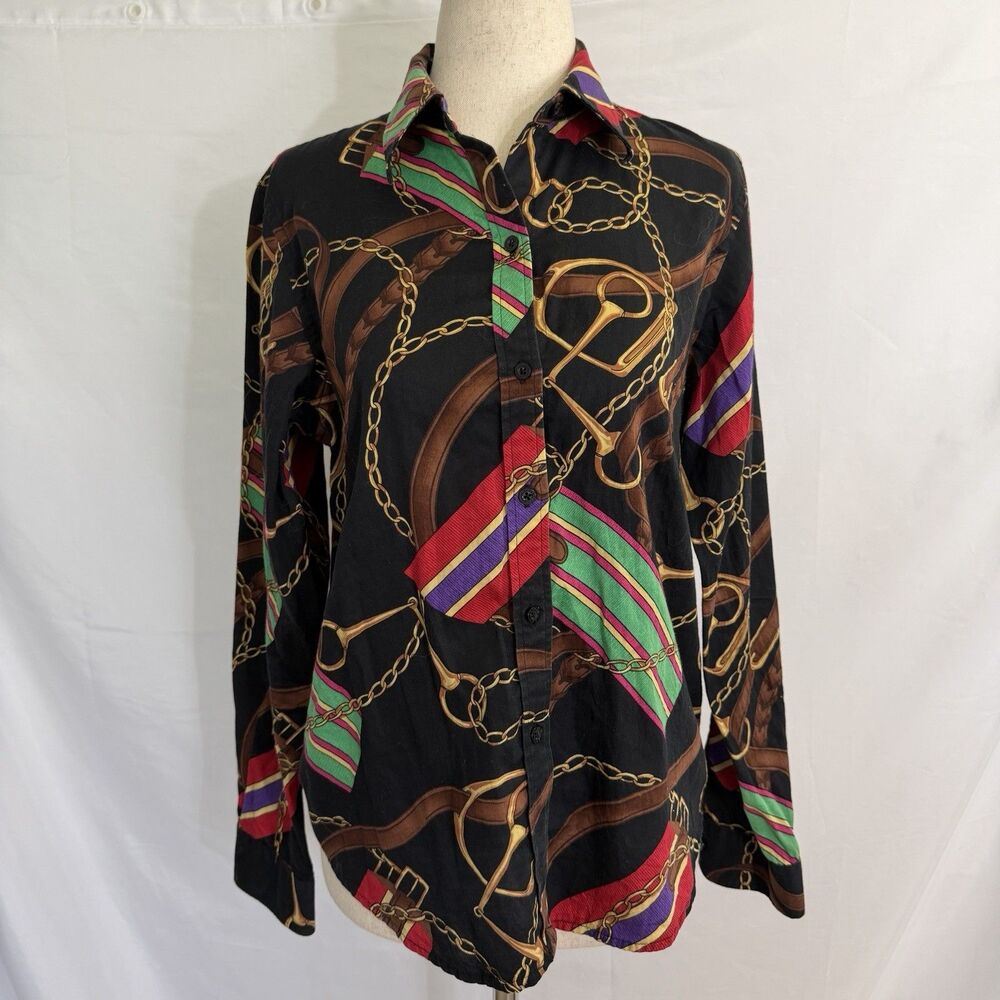 Lauren Ralph Lauren  Black Equestrian Chain Bridle Button Shirt Top PM Medium